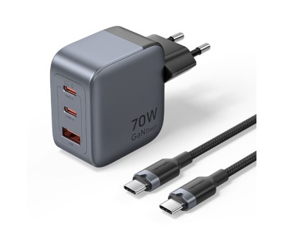 Vention Cargador de Pared - 70W - GaN - Cable de 1m Incluido - 2xUSB-C - USB-A - Carga Rapida PD - Tecnologia PPS - Color Gris
