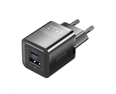 Vention Cargador de Pared GaN 2 Puertos USB (C+A) (30W/30W) - Carga rapida EU - Color Negro