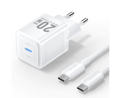 Vention Cargador de Pared GaN USB-C 20W - Cable USB-C 1m - Color Blanco