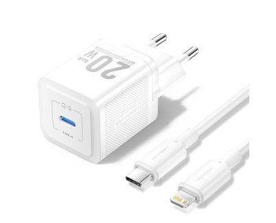 Vention Cargador de Pared GaN USB-C 20W - Cable USB-C a Lightning 1m - Color Blanco