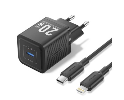 Vention Cargador de Pared GaN USB-C 20W - Cable USB-C a Lightning 1m - Color Negro
