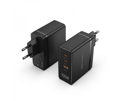 Vention Cargador GaN de Pared 2xUSB-C a 1xUSB 100W - Color Negro
