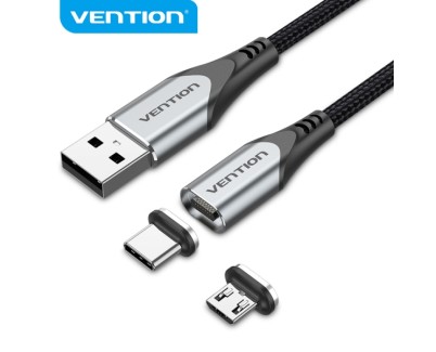 Vention CQMHD Cable USB-A 2.0 a Micro-B y USB-C Magnetico - Conectores Intercambiables - Transferencia 480 Mb/s - Color Gris