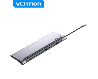 Vention Docking Station 11 en 1 USB-C a HDMI/VGA/USB-C/USB 3.0x2/USB2.0/RJ45/SD/TF/Audio Jack/PD100W - 0.25m - Color Gris Metalizado