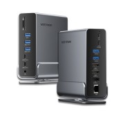 Vention Docking Station 15 en 1 USB-C a DisplayPort/2xHDMI/USB-C 3.2 Gen2/USB-C 3.2 Gen1/2xUSB 3.2 Gen2/USB3.0/2xUSB2.0/RJ45/SD/TF/3.5mm TRRS/PD 100W - Color Gris