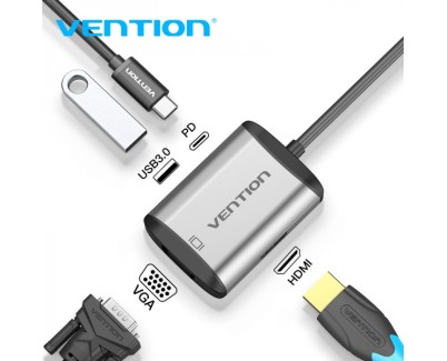 Vention Docking Station 4 en 1 USB-C a HDMI/VGA/USB3.0/PD87W - 0.15m - Color Gris