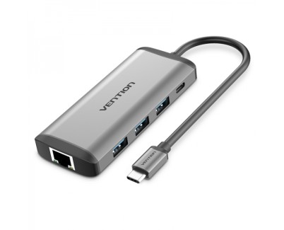 Vention Docking Station 7 en 1 USB-C a HDMI 4K/3xUSB3.0/RJ45/Lector SD/TF/PD87W - 0.15m - Color Gris