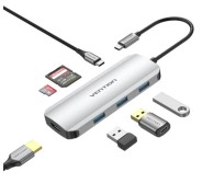 Vention Docking Station 7 en 1 USB-C a HDMI 4K/3xUSB3.0/SD/TF/PD100W - 0.15m - Color Gris