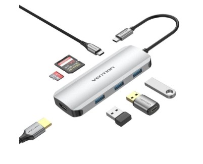 Vention Docking Station 7 en 1 USB-C a HDMI 4K/3xUSB3.0/SD/TF/PD100W - 0.15m - Color Gris