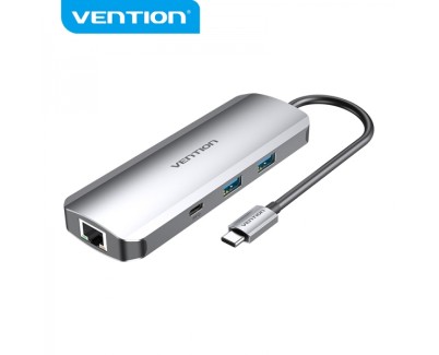 Vention Docking Station 9 en 1 USB-C a HDMI 4K/2xUSB3.0/USB-C Gen1/RJ45/Lector TF/SD/Jack Audio/PD100W - 0.15m - Color Gris