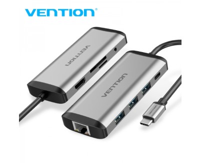 Vention Docking Station 9 en 1 USB-C a HDMI 4K/3xUSB 3.0/RJ45/Lector SD/MicroSD/Jack Audio/PD 87W - 0.15m - Color Gris