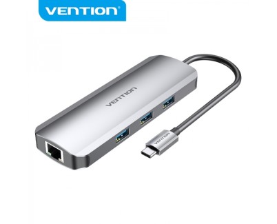 Vention Docking Station 9 en 1 USB-C a HDMI 4K/3xUSB3.0/RJ45/Lector SD/MicroSD/Jack Audio/PD100W - 0.15m - Color Gris