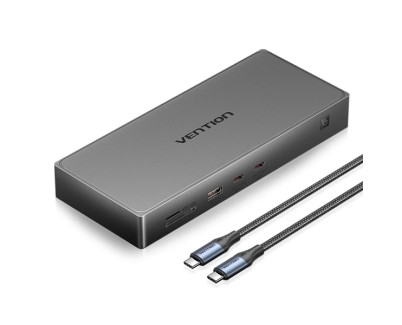 Vention Estacion de Docking 10 en 1 - 100W - Cable 0.5m - Ethernet RJ45 - HDMI 4K - Displayport - 5xUSB-C - USB-A - Tarjeta TF - SD - Power Delivery - Color Gris