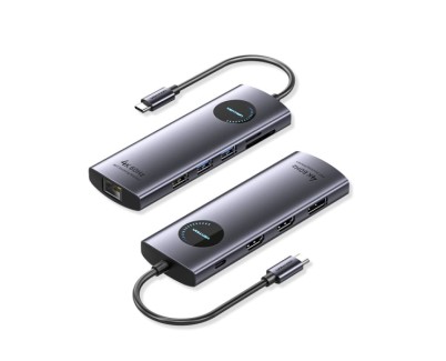 Vention Estacion de Docking 10 en 1 - 100W - Cable USB-C de 15cm Integrado - 2xHDMI 4K - Ethernet RJ45 - Displayport - USB-C - Tarjeta TF - SD - 3xUSB-A - Power Delivery - Color Gris