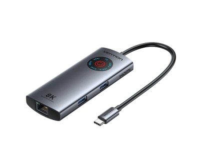 Vention Estacion de Docking 6 en 1 - 100W - Cable USB-C de 15cm Integrado - Pantalla LED - Ethernet RJ45 - 2xUSB-C - 2xUSB-A - HDMI 8K - Power Delivery - Color Gris