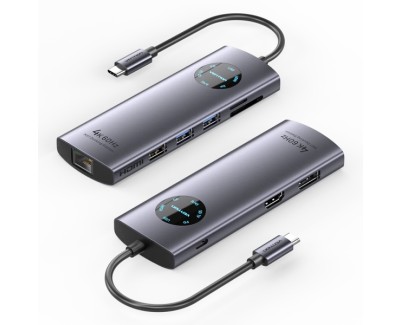 Vention Estacion de Docking 9 en 1 - 100W - Cable USB-C de 15cm Integrado - HDMI 4K - Displayport - Ethernet RJ45 - USB-C - Tarjeta TF - SD - 3xUSB-A - Power Delivery - Color Gris