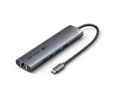 Vention Estacion de Docking 9 en 1 - Cable USB-C de 15cm Integrado - Ethernet RJ45 - HDMI 4K - 2xUSB-C - Tarjeta TF - SD - 2xUSB-A - Jack 3.5mm - Power Delivery - Color Gris