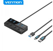 Vention HUB 4 en 1 USB 3.0 a 4xUSB/USB-C PD Incluye Cable Carga USB Macho - USB-C - Color Negro