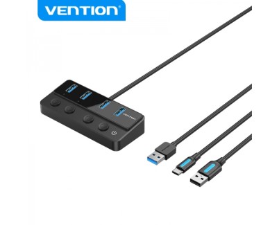 Vention HUB 4 en 1 USB 3.0 a 4xUSB/USB-C PD Incluye Cable Carga USB Macho - USB-C - Color Negro