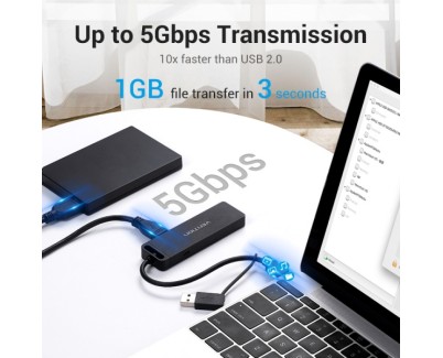 Vention HUB 6 en 1 USB 3.0 a USB3.0x3/TF/SD/Micro-B - 0.15m - Color Negro