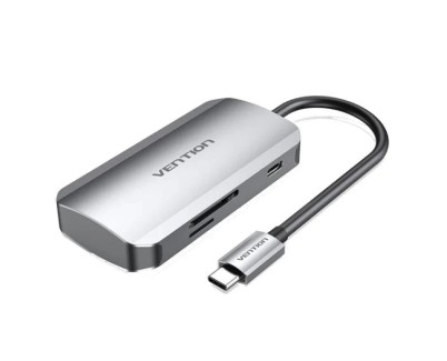 Vention Hub 6 en 1 USB-C a 3x USB3.0, Lector Tarjetas SD/MicroSD, USB-C PD100W - Longitud del Cable 0.15m - Color Gris