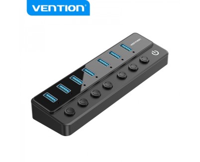 Vention HUB 7 en 1 USB3.0 a 7xUSB3.0 con Interruptores Individuales y Alimentacion Externa - Color Negro
