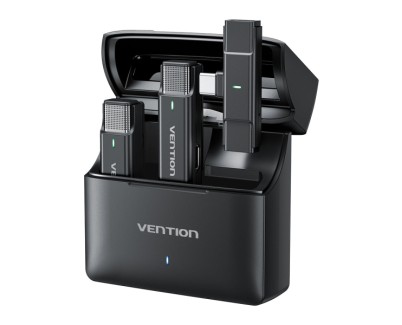 Vention Levalier Microfono Clip Inalambrico USB-C - Cancelacion de Ruido Avanzada - Bateria 30h - Rango 300m - Color Negro