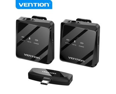 Vention Microfono Clip Inalambrico USB-C - Calidad de Audio 32 kHz - Latencia 20 ms - Bateria 26h - Rango 50m - Cancelacion de Ruido - Color Negro