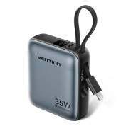 Vention Mini Powerbank de 10000mAh - Potencia de Salida hasta 35W - Cable USB-C y Lightning Integrado - Pantalla Digital - Color Gris