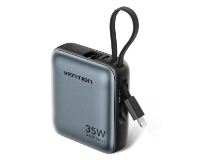 Vention Mini Powerbank de 10000mAh - Potencia de Salida hasta 35W - Cable USB-C y Lightning Integrado - Pantalla Digital - Color Gris