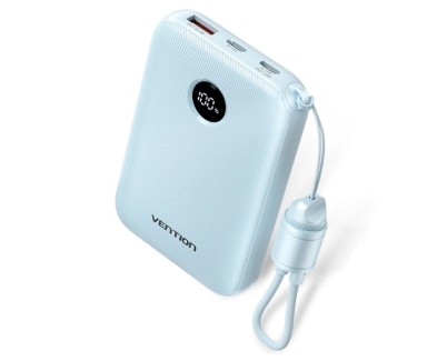 Vention Powerbank de 10000mAh - Potencia de Salida hasta 22.5W - USB-A - USB-C - Pantalla LED - Cable USB-C de 17cm - Apto para Viajes Aereos - Color Azul