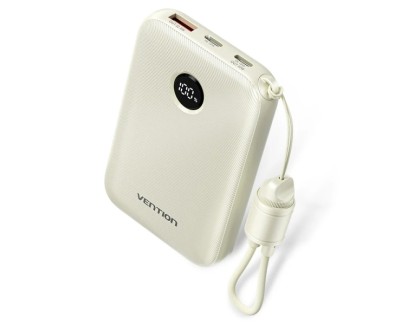 Vention Powerbank de 10000mAh - Potencia de Salida hasta 22.5W - USB-A - USB-C - Pantalla LED - Cable USB-C de 17cm - Apto para Viajes Aereos - Color Beige