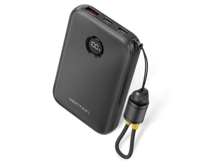 Vention Powerbank de 10000mAh - Potencia de Salida hasta 22.5W - USB-A - USB-C - Pantalla LED - Cable USB-C de 17cm - Apto para Viajes Aereos - Color Negro