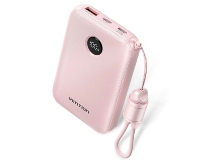 Vention Powerbank de 10000mAh - Potencia de Salida hasta 22.5W - USB-A - USB-C - Pantalla LED - Cable USB-C de 17cm - Apto para Viajes Aereos - Color Rosa