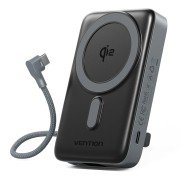 Vention Powerbank de 10000mAh - Potencia de Salida hasta 25W - Cable USB-C Integrado - Entrada y Salida USB-C - Carga Inalambrica - Pantalla LED - Color Gris