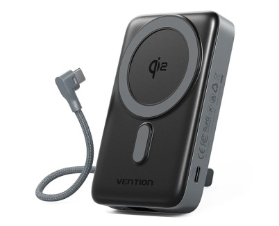 Vention Powerbank de 10000mAh - Potencia de Salida hasta 25W - Cable USB-C Integrado - Entrada y Salida USB-C - Carga Inalambrica - Pantalla LED - Color Gris