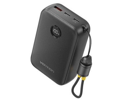 Vention Powerbank de 20000mAh - Potencia de Salida hasta 22.5W - USB-A - USB-C - Pantalla LED - Cable USB-C de 17cm - Apto para Viajes Aereos - Color Negro