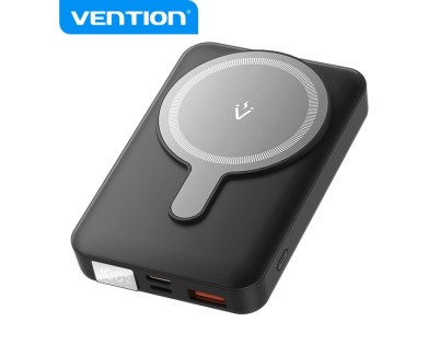 Vention Powerbank Inalambrico Magnetico 10000 mAh - Pantalla LED - Carga Rapida 22.5 W - USB-C/Lightning/USB-A - Color Negro
