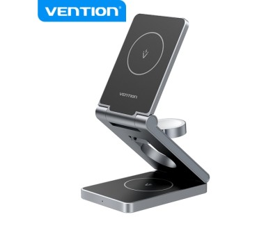 Vention Soporte Cargador Inalambrico 3 en 1 MagSafe - Carga Rapida 15W - Plegable 180° - Color Negro