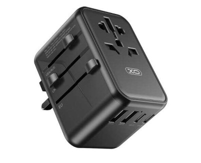 XO Adaptador de Viaje Universal - Conexiones para mas de 150 Paises - Salida de hasta 2500W - Puerto USB-C de 65W - Salida de Cinco Puertos - Color Negro