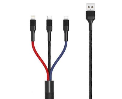 XO Cable Trenzado USB-A Macho a USB-C, MicroUSB y Lightning - Carga Rapida 2A - Longitud 1.20m