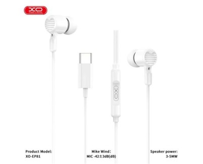 XO EP81 Auriculares Intrauditivos con Microfono - Conexion USB-C - Cable de 1.20m - Color Blanco