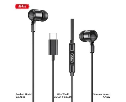 XO EP81 Auriculares Intrauditivos con Microfono - Conexion USB-C - Cable de 1.20m - Color Negro