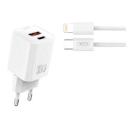 XO L149 Cargador de Corriente 30W - USB-A y USB-C - Alto Rendimiento - Incluye Cable USB-C a Lightning - Color Blanco
