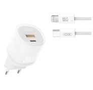 XO L151 Cargador de Corriente 30W - USB-A y USB-C - GaN - Incluye Cable USB-C a Lightning - Color Blanco