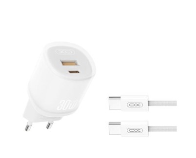 XO L151 Cargador de Corriente 30W - USB-A y USB-C - GaN - Incluye Cable USB-C - Color Blanco