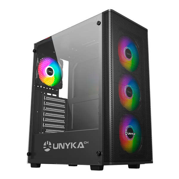 Unykach MIR 100 Caja Gaming ATX, Micro ATX, ITX - Lateral de Vidrio  Templado - USB-A 2.0, 3.0 y Audio - 4 Ventiladores 120mm ARGB Instalados -  Soporta Refrigeracion Liquida > Informática > Componentes / Integración >  Cajas / Torres